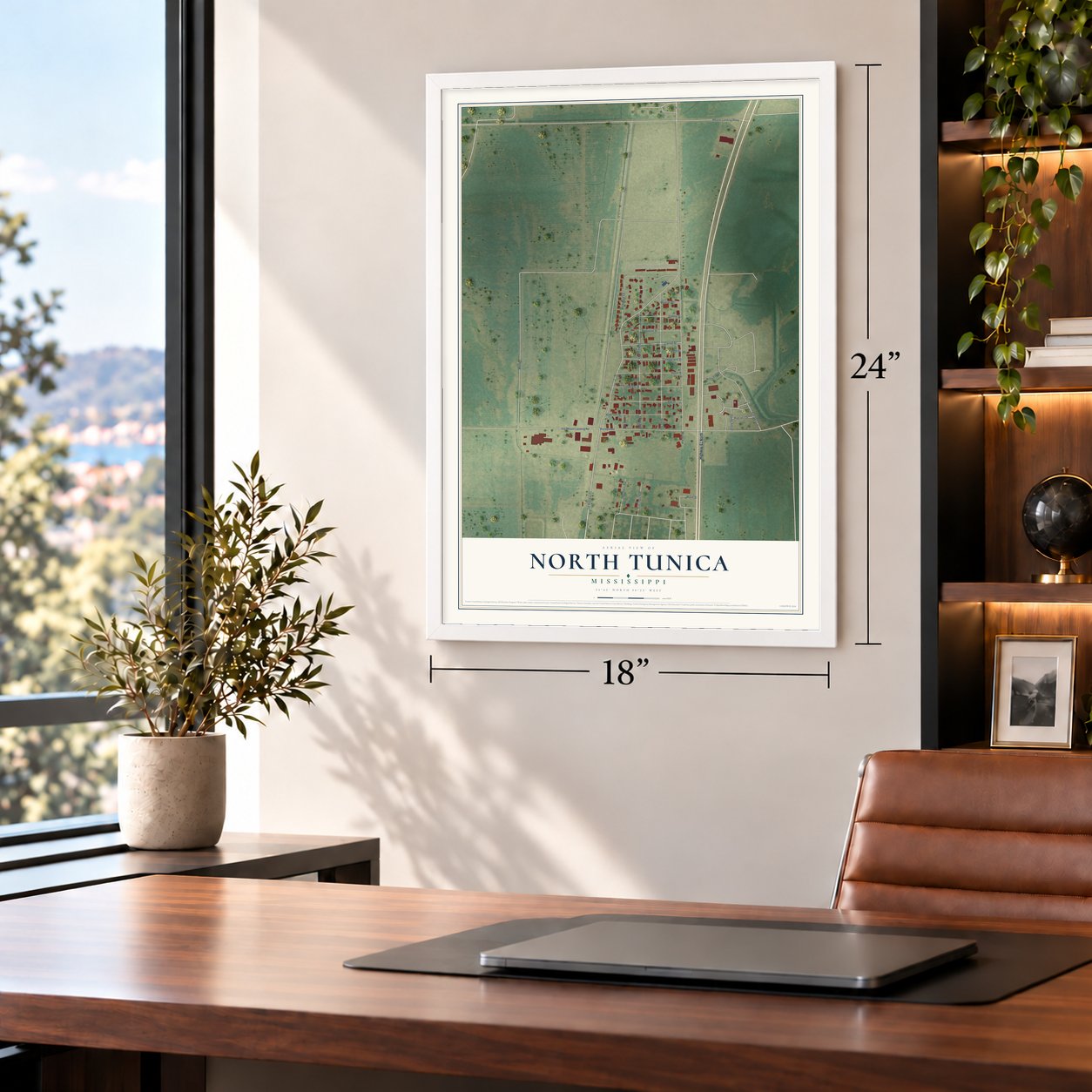 North Tunica, Mississippi map, 18 x 24 inch print in a white frame in a home office