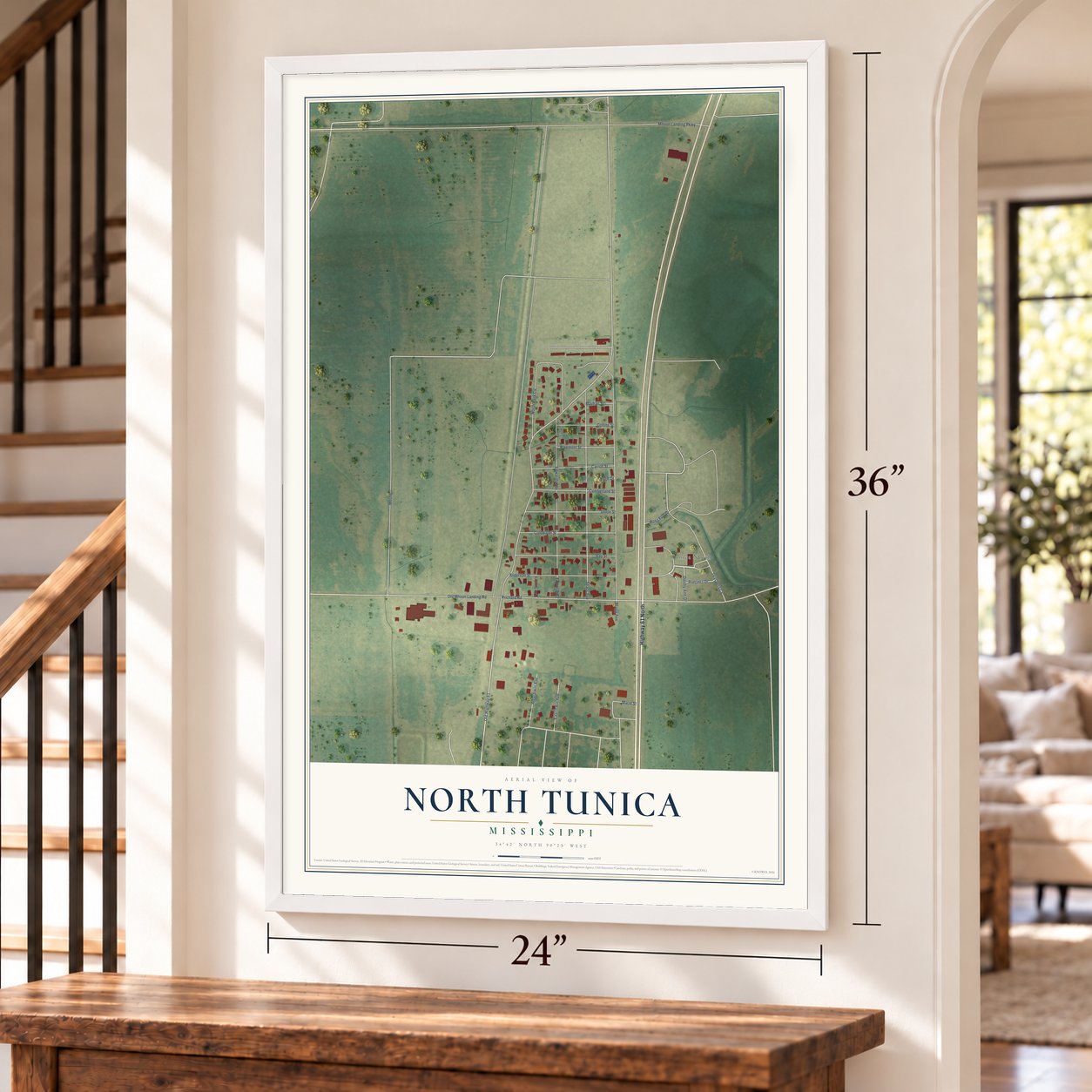 North Tunica, Mississippi map, 24 x 36 inch print in a white frame by a staircase
