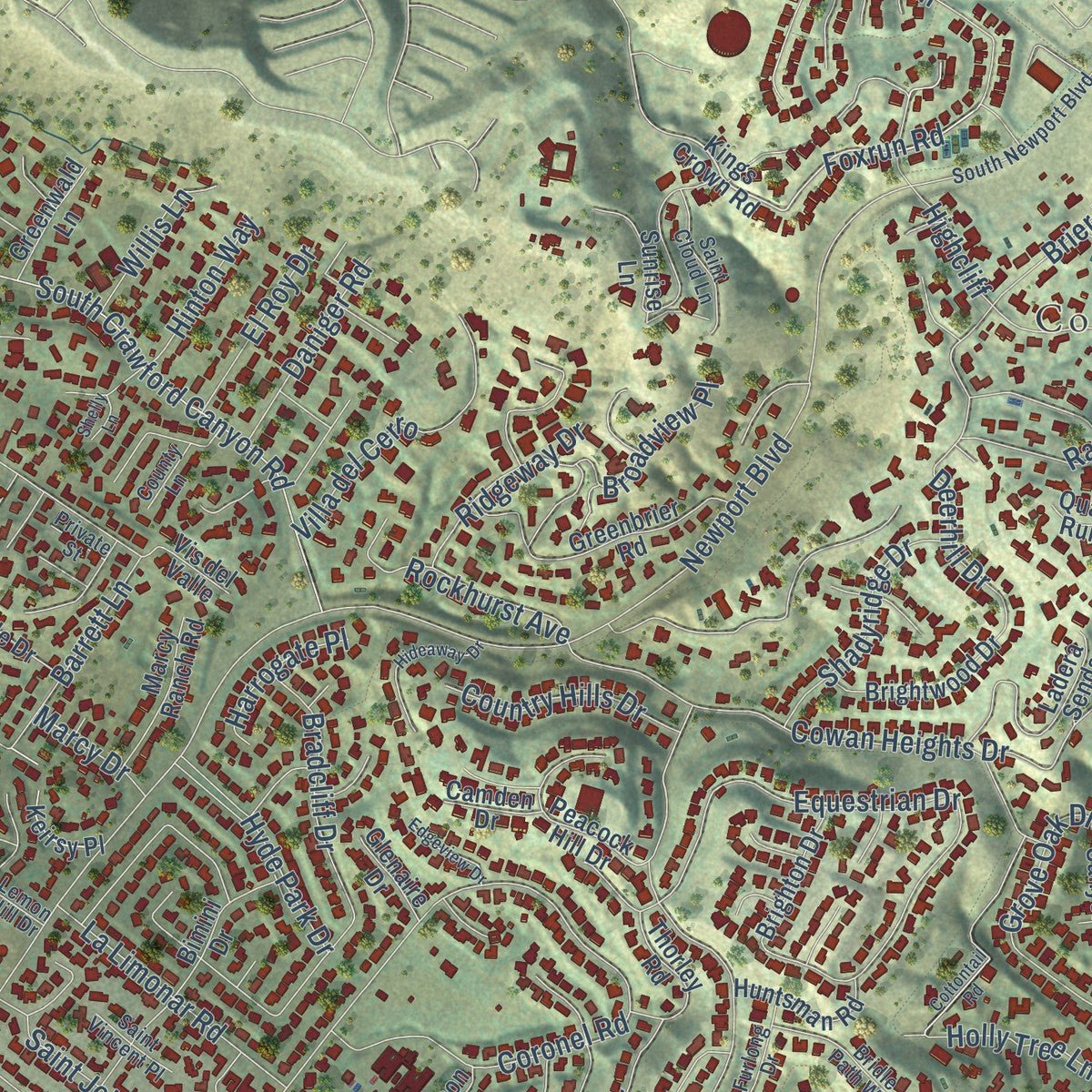 Second close-up of the map of North Tustin, California print showing more streets and buildings