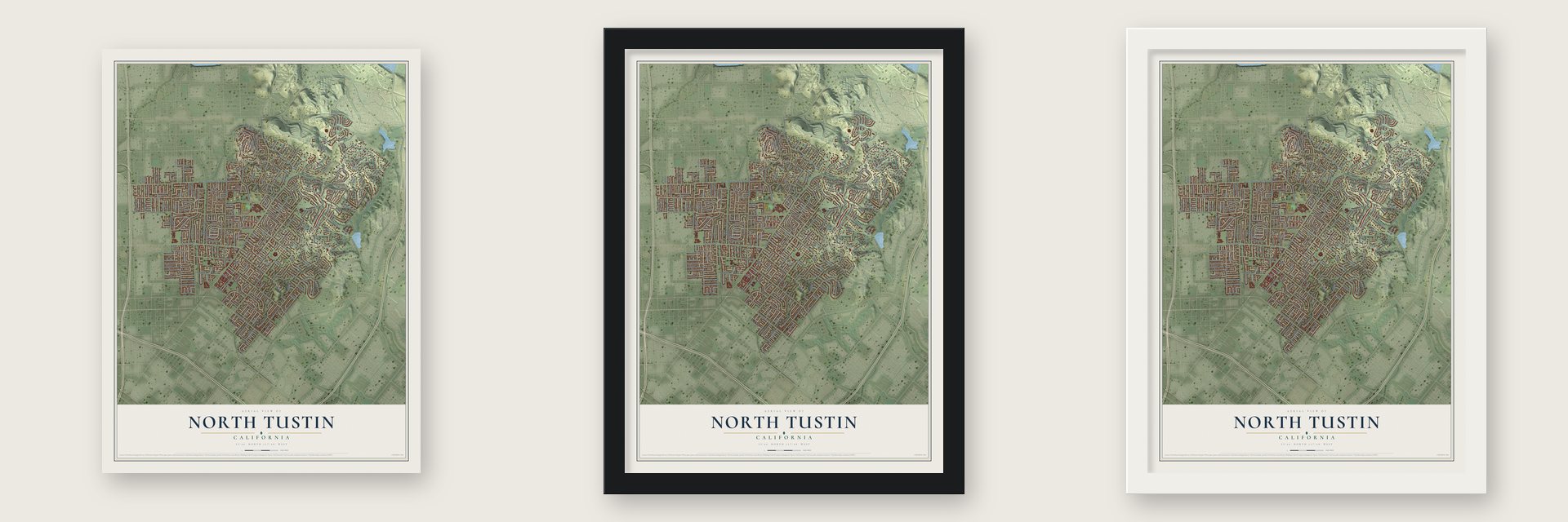 North Tustin, California map unframed, in a black wood frame and in a white wood frame