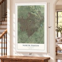 North Tustin, California map, 24 x 36 inch print in a white frame by a staircase