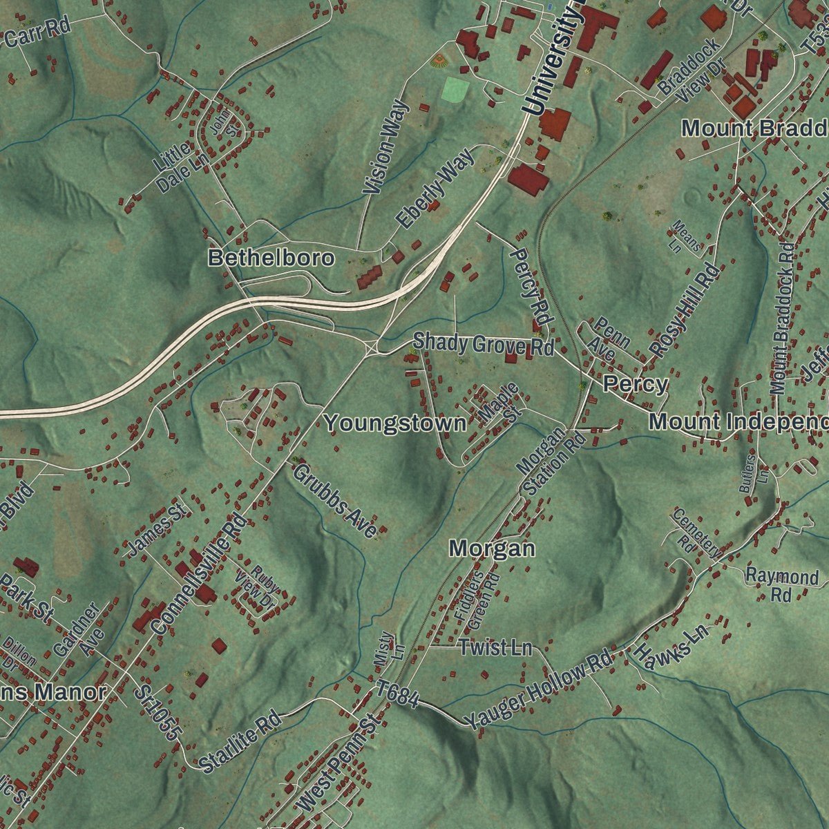 Second close-up of the map of North Union, Fayette County, Pennsylvania print showing more streets and buildings