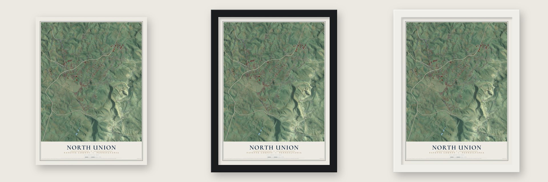 North Union, Fayette County, Pennsylvania map unframed, in a black wood frame and in a white wood frame