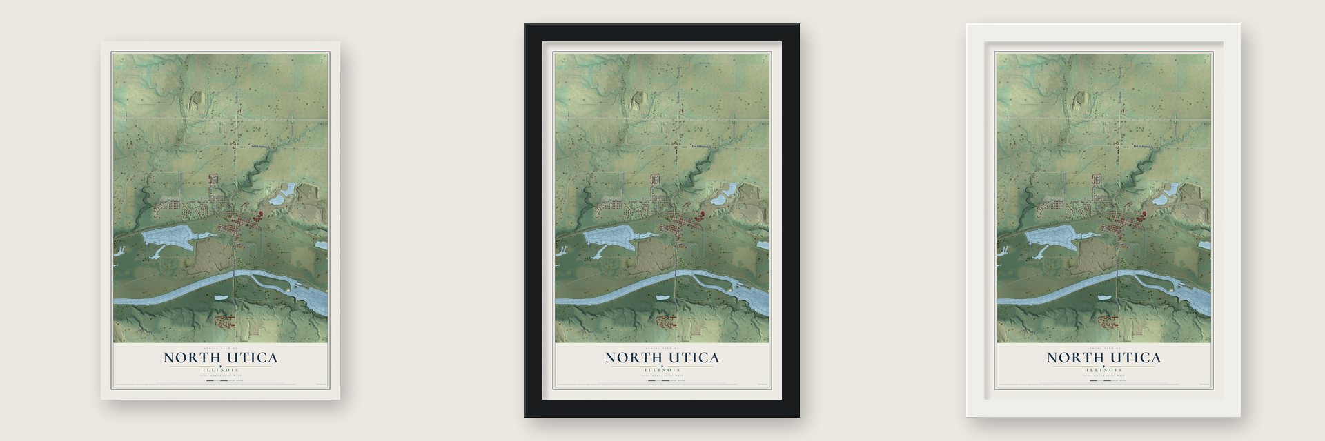 North Utica, Illinois map unframed, in a black wood frame and in a white wood frame