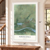 North Utica, Illinois map, 24 x 36 inch print in a white frame by a staircase