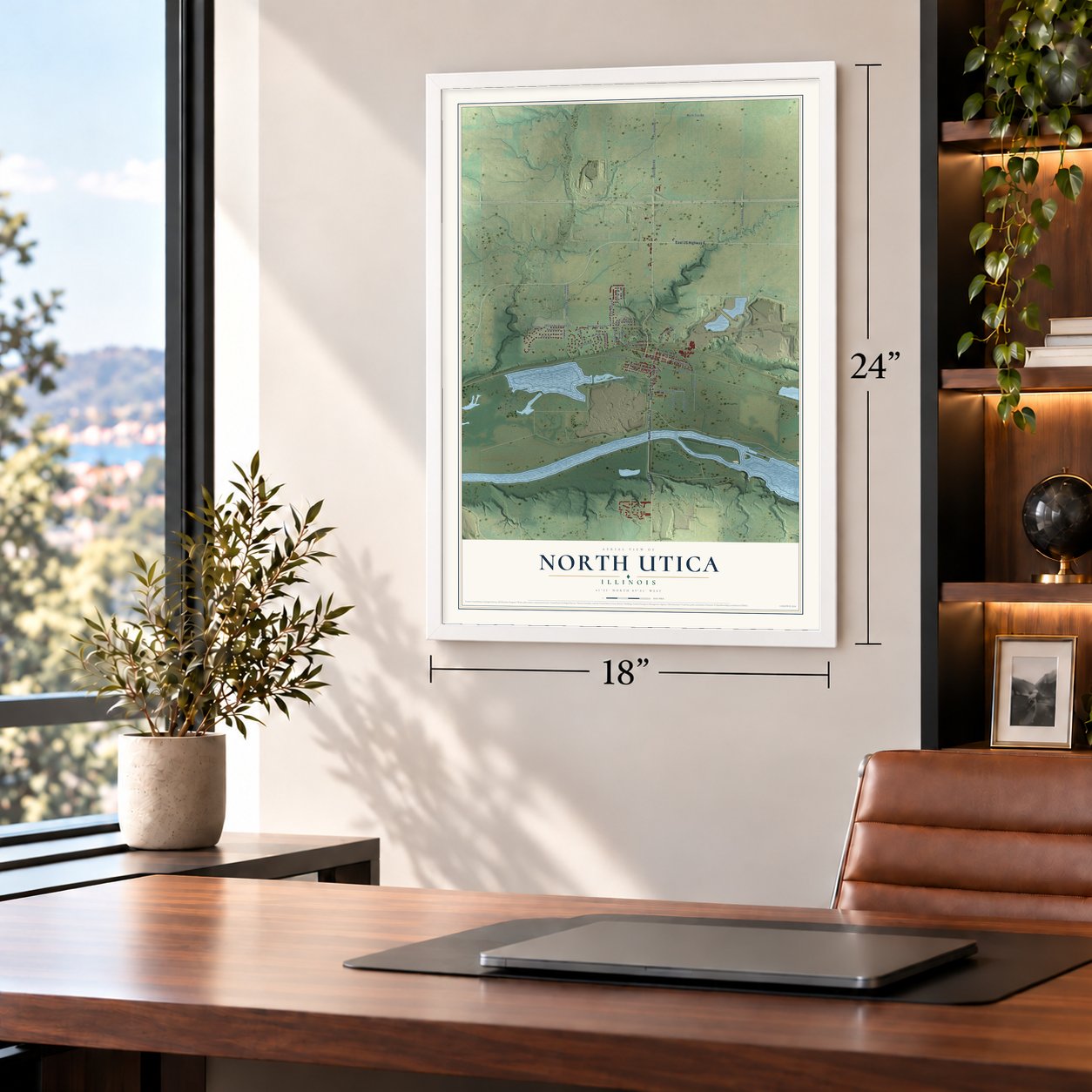 North Utica, Illinois map, 18 x 24 inch print in a white frame in a home office