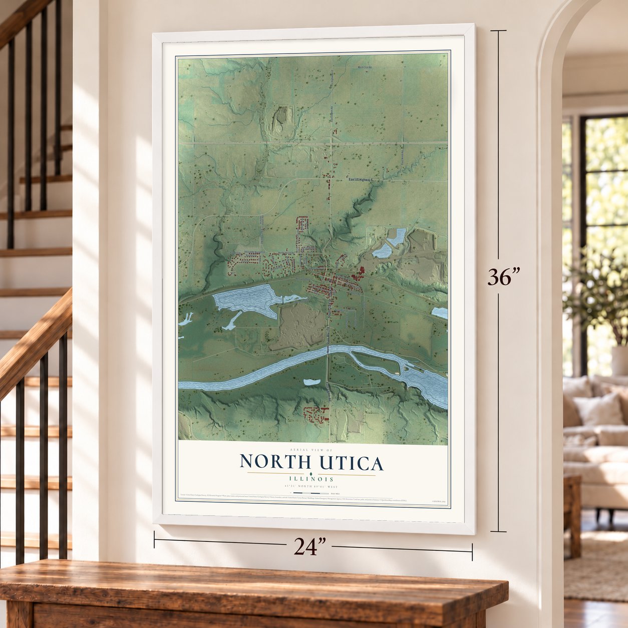North Utica, Illinois map, 24 x 36 inch print in a white frame by a staircase