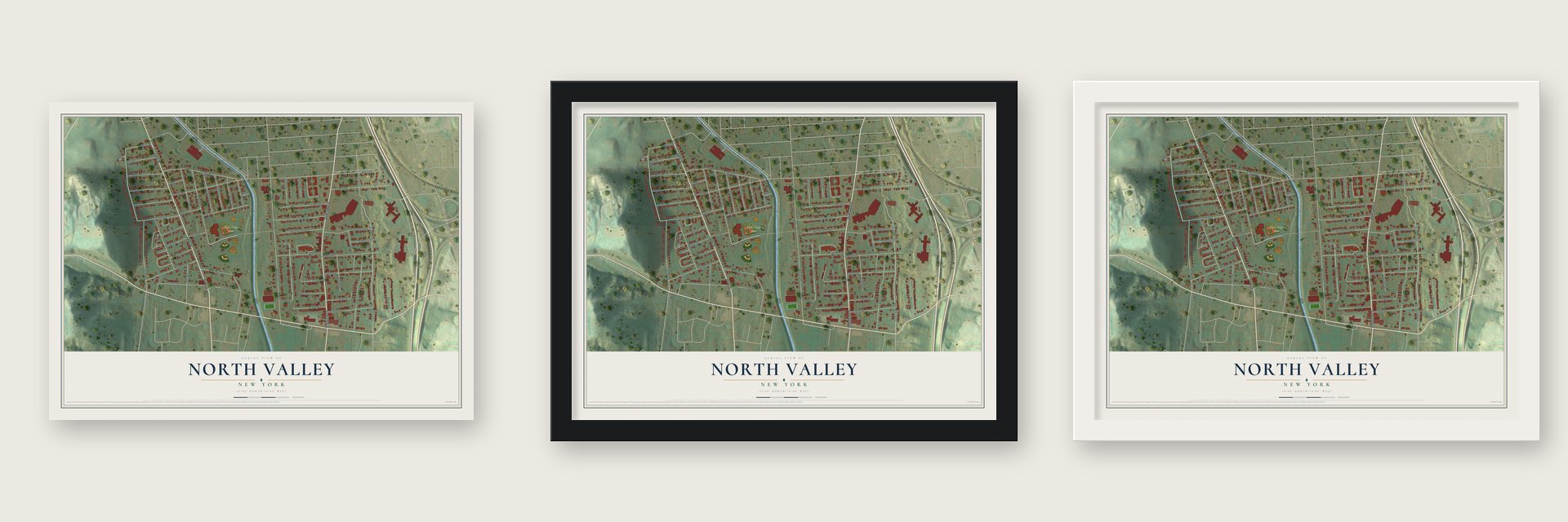 North Valley, New York map unframed, in a black wood frame and in a white wood frame