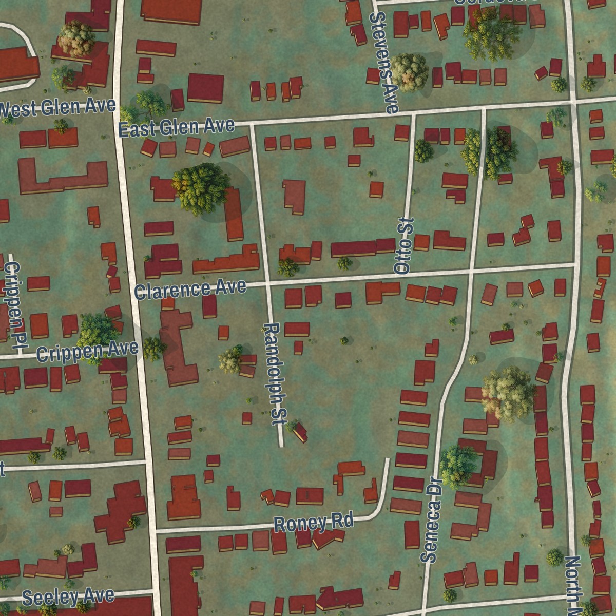 Second close-up of the map of North Valley, New York print showing more streets and buildings