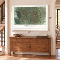 North Valley, New York map, 24 x 36 inch print in a white frame above a dresser by a staircase