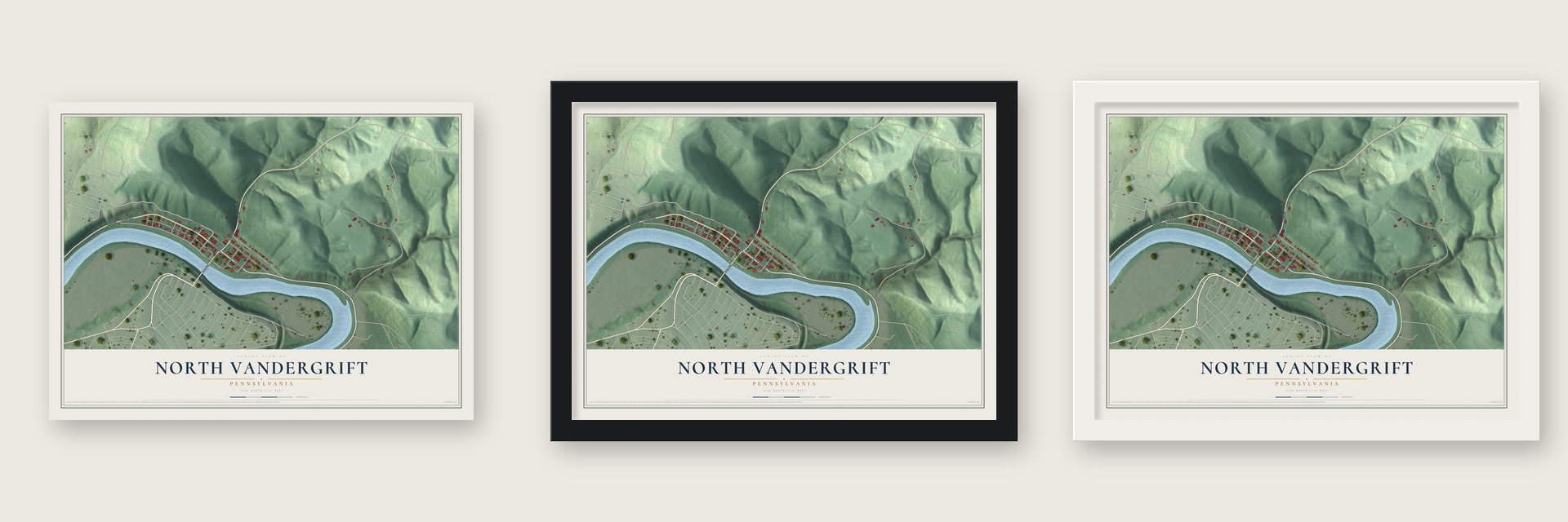 North Vandergrift, Pennsylvania map unframed, in a black wood frame and in a white wood frame