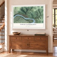 North Vandergrift, Pennsylvania map, 24 x 36 inch print in a white frame above a dresser by a staircase