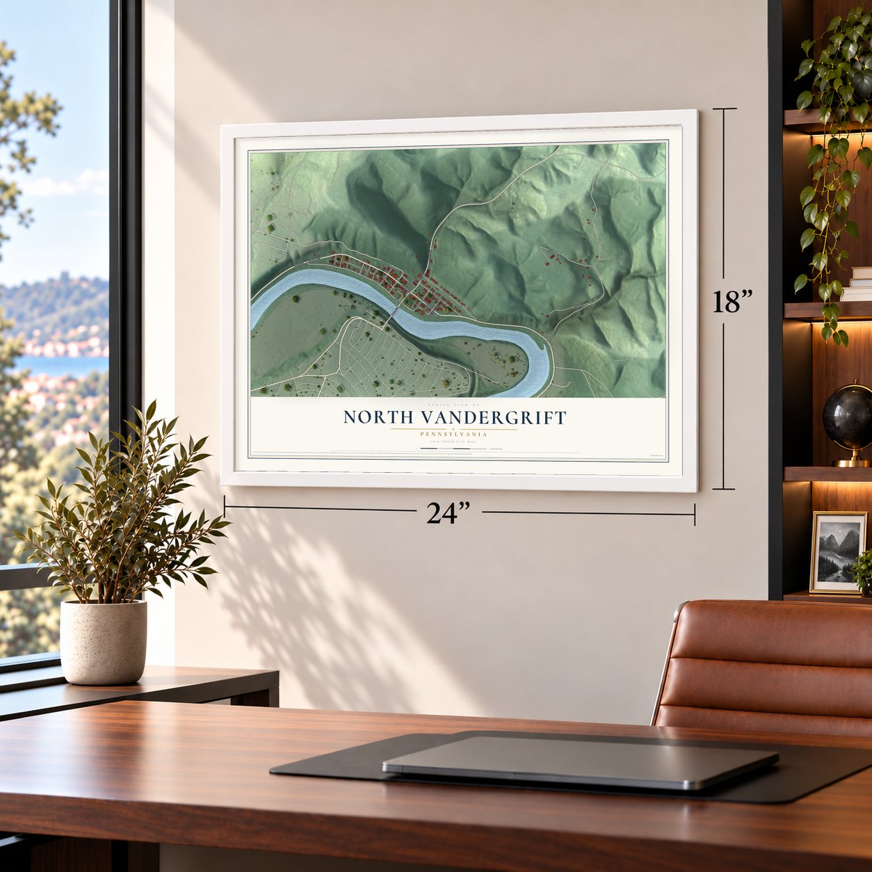 North Vandergrift, Pennsylvania map, 18 x 24 inch print in a white frame in a home office