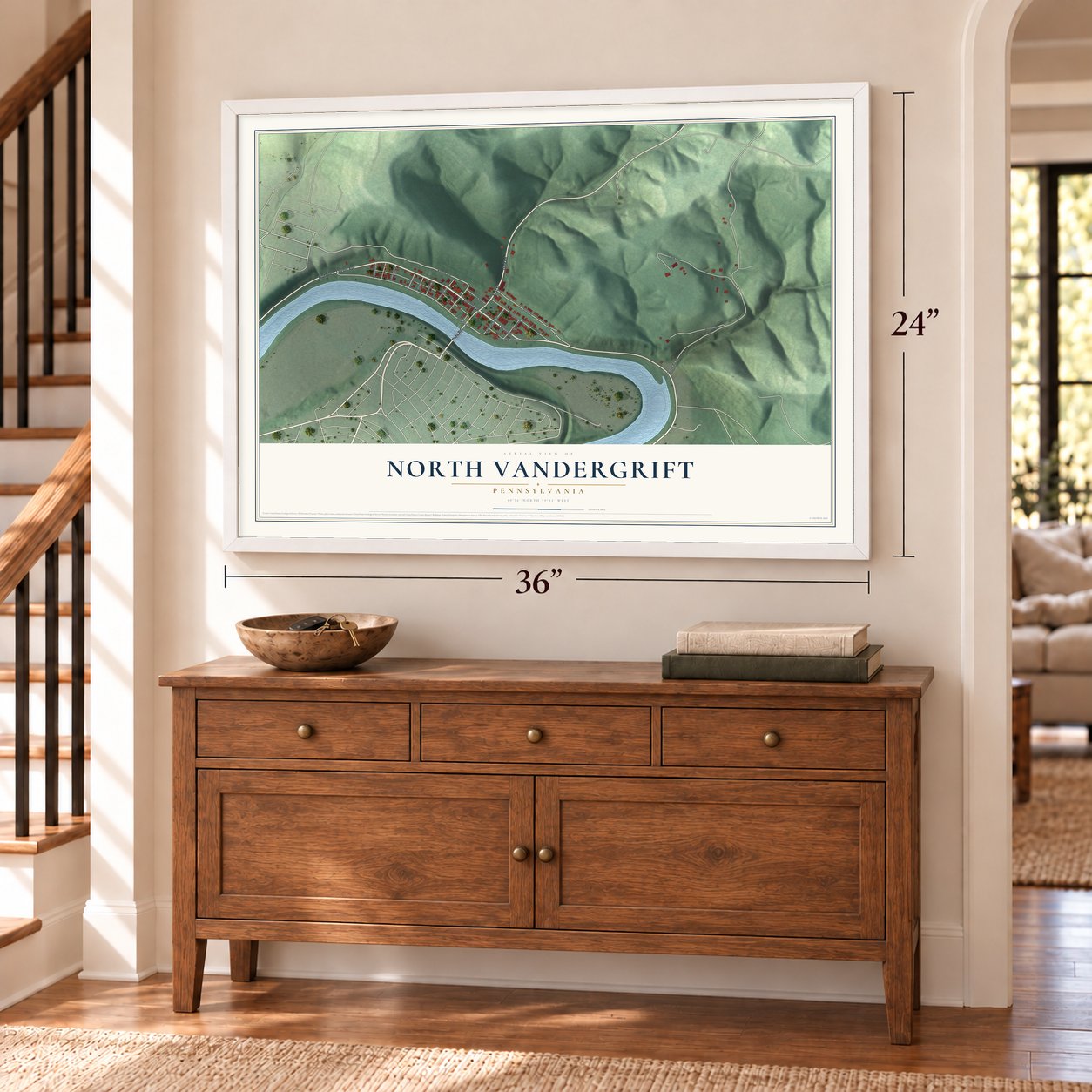 North Vandergrift, Pennsylvania map, 24 x 36 inch print in a white frame above a dresser by a staircase