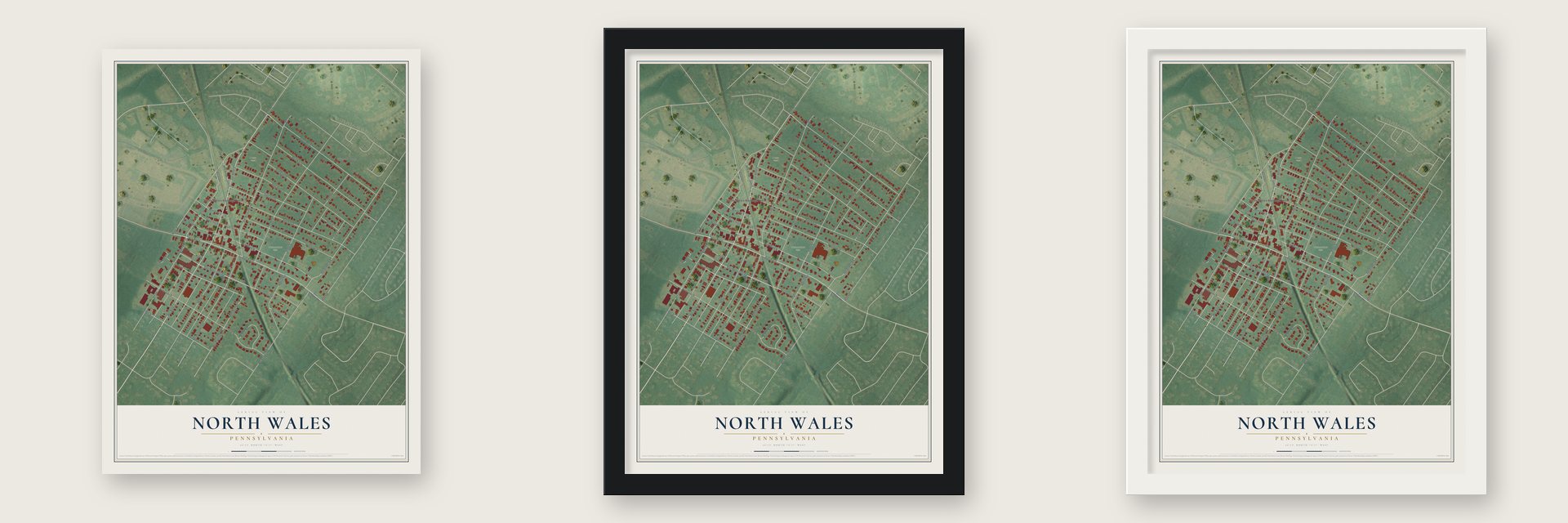 North Wales, Pennsylvania map unframed, in a black wood frame and in a white wood frame