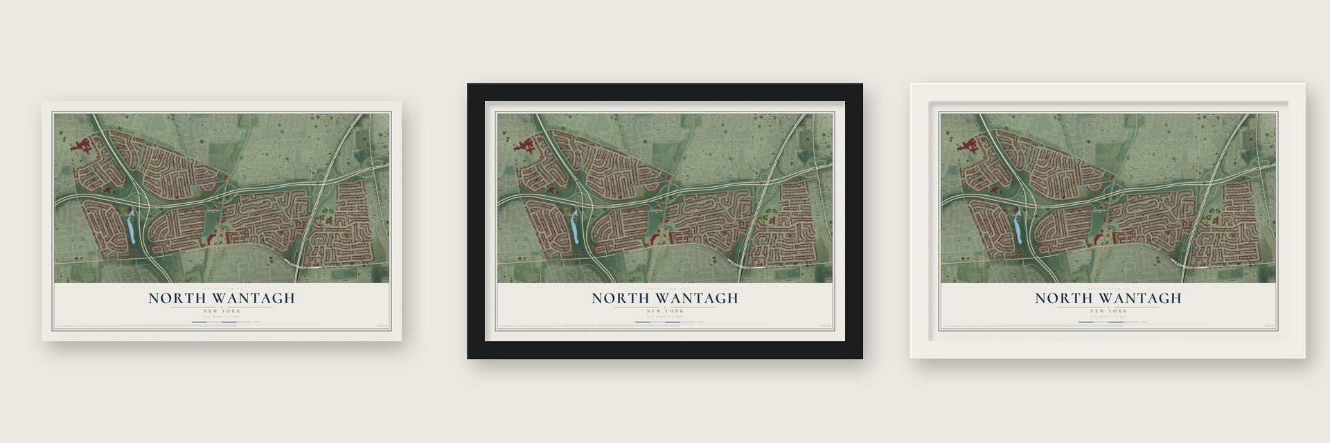 North Wantagh, New York map unframed, in a black wood frame and in a white wood frame
