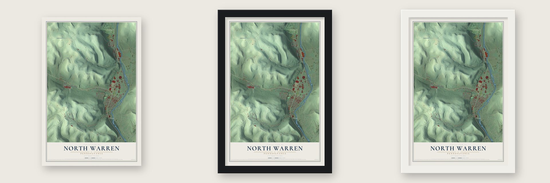 North Warren, Pennsylvania map unframed, in a black wood frame and in a white wood frame
