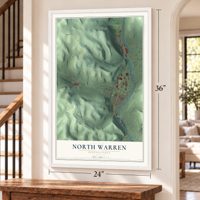 North Warren, Pennsylvania map, 24 x 36 inch print in a white frame by a staircase