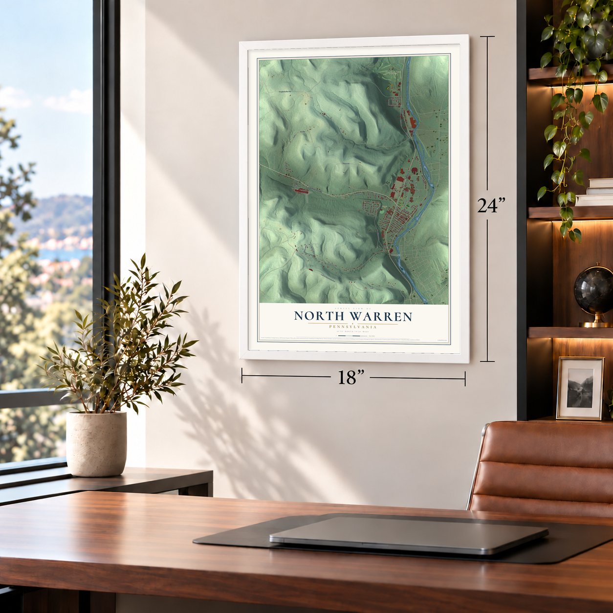 North Warren, Pennsylvania map, 18 x 24 inch print in a white frame in a home office