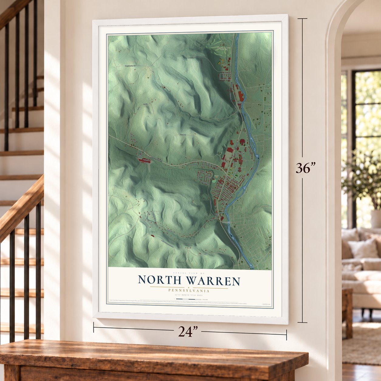 North Warren, Pennsylvania map, 24 x 36 inch print in a white frame by a staircase