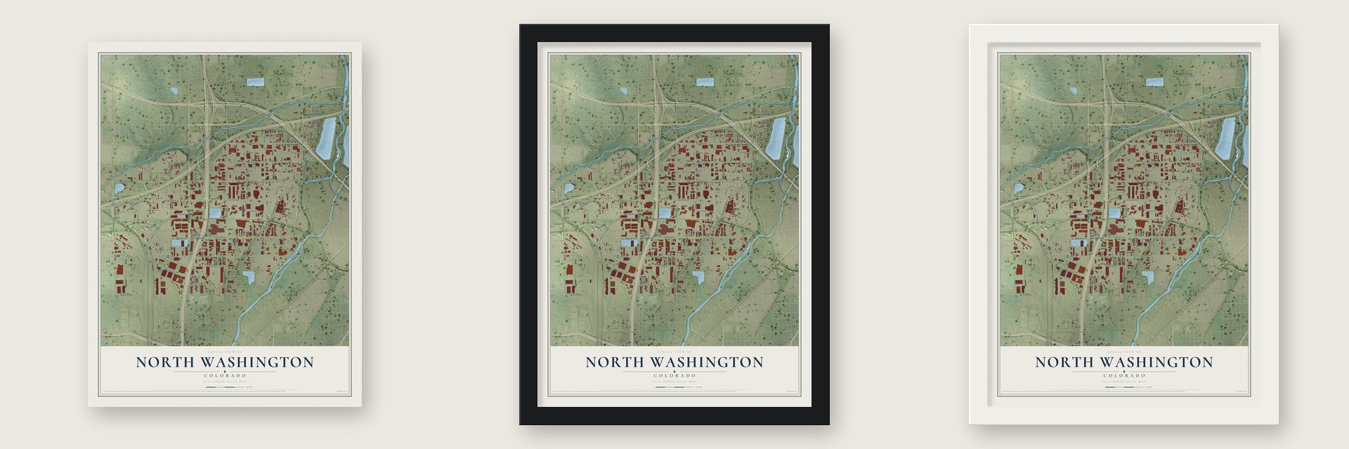 North Washington, Colorado map unframed, in a black wood frame and in a white wood frame
