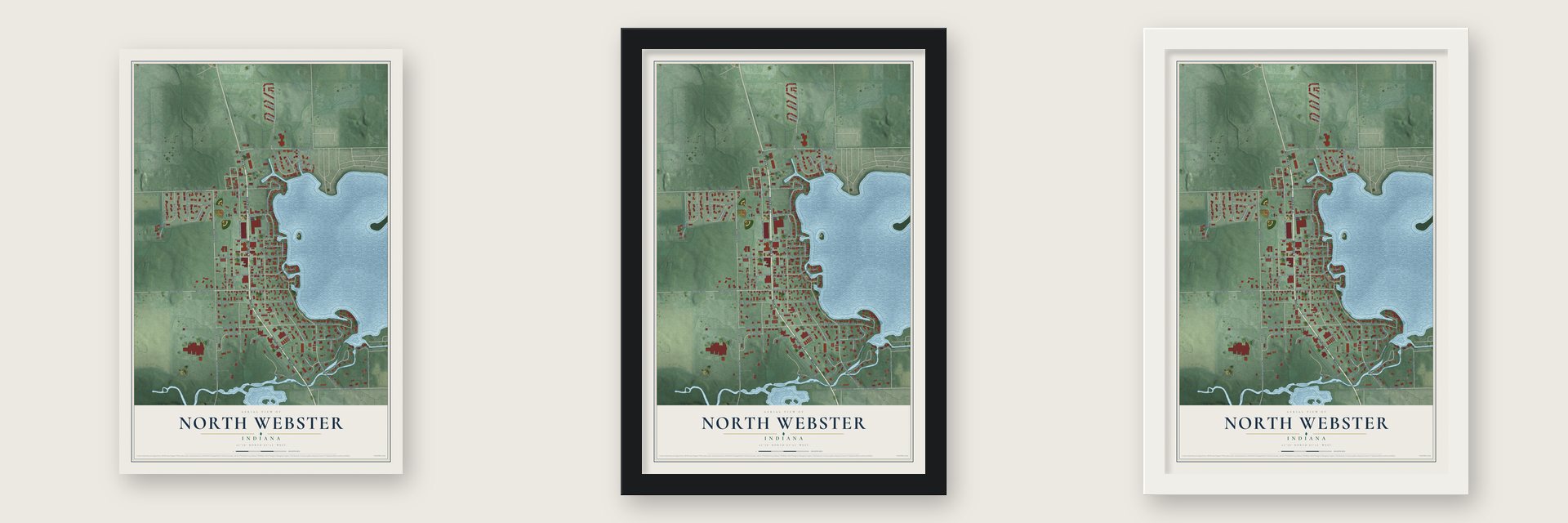 North Webster, Indiana map unframed, in a black wood frame and in a white wood frame