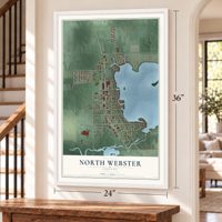 North Webster, Indiana map, 24 x 36 inch print in a white frame by a staircase