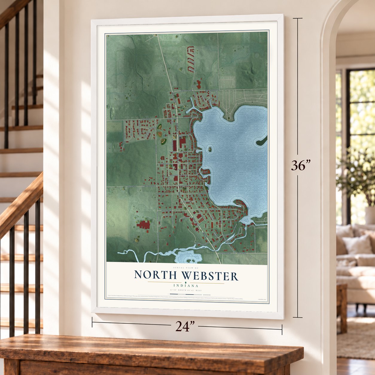 North Webster, Indiana map, 24 x 36 inch print in a white frame by a staircase