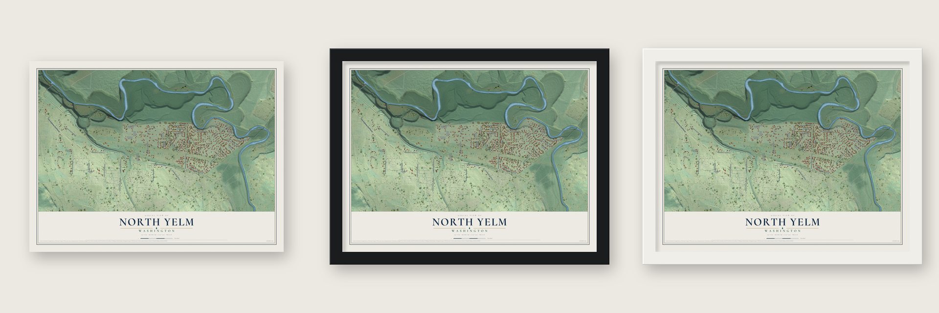 North Yelm, Washington map unframed, in a black wood frame and in a white wood frame