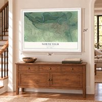North Yelm, Washington map, 24 x 36 inch print in a white frame above a dresser by a staircase