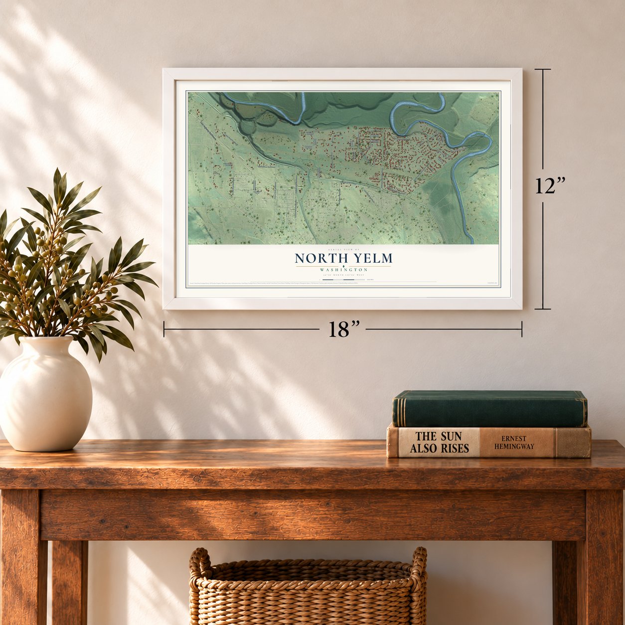North Yelm, Washington map, 12 x 18 inch print in a white frame in an entryway
