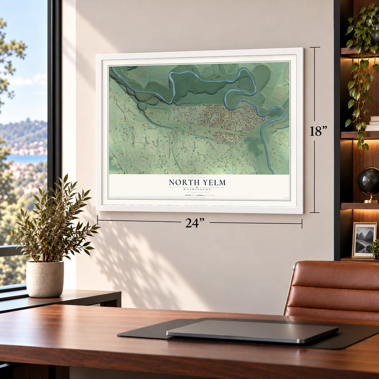 North Yelm, Washington map, 18 x 24 inch print in a white frame in a home office