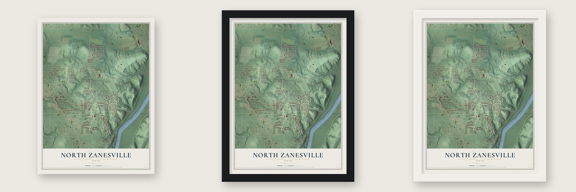 North Zanesville, Ohio map unframed, in a black wood frame and in a white wood frame
