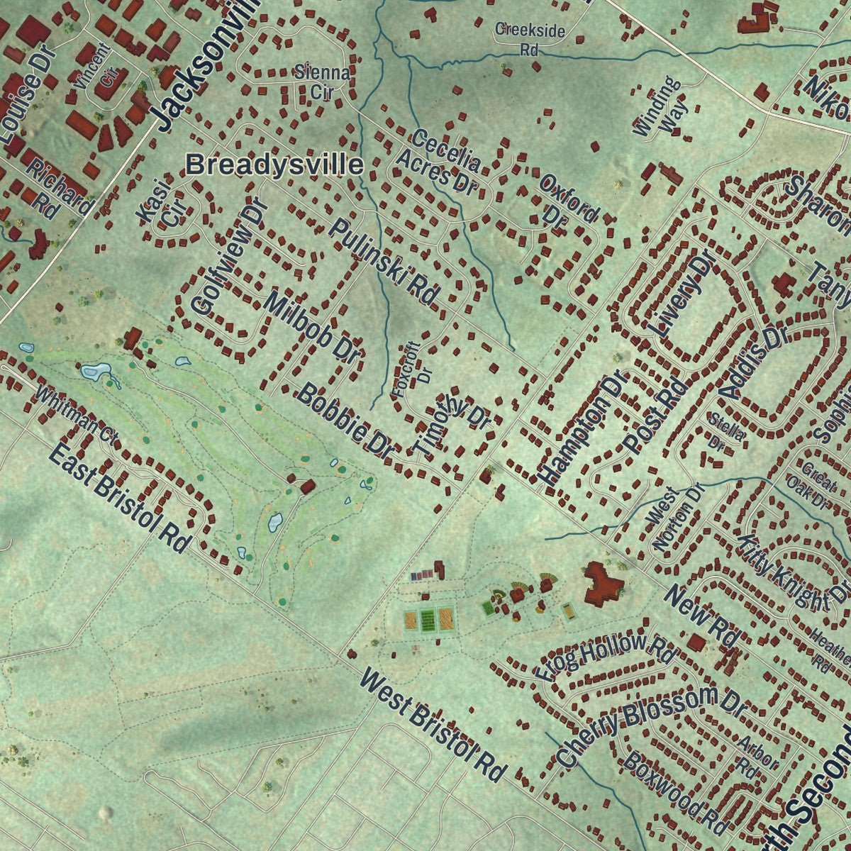 Second close-up of the map of Northampton, Bucks County, Pennsylvania print showing more streets and buildings