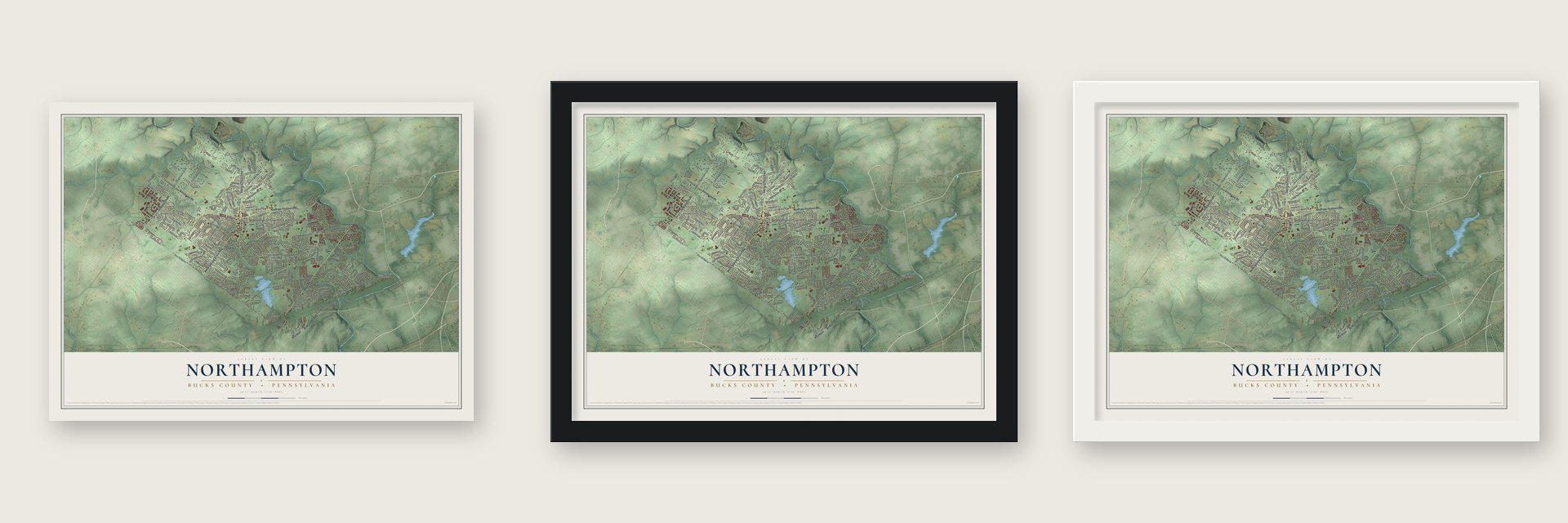 Northampton, Bucks County, Pennsylvania map unframed, in a black wood frame and in a white wood frame