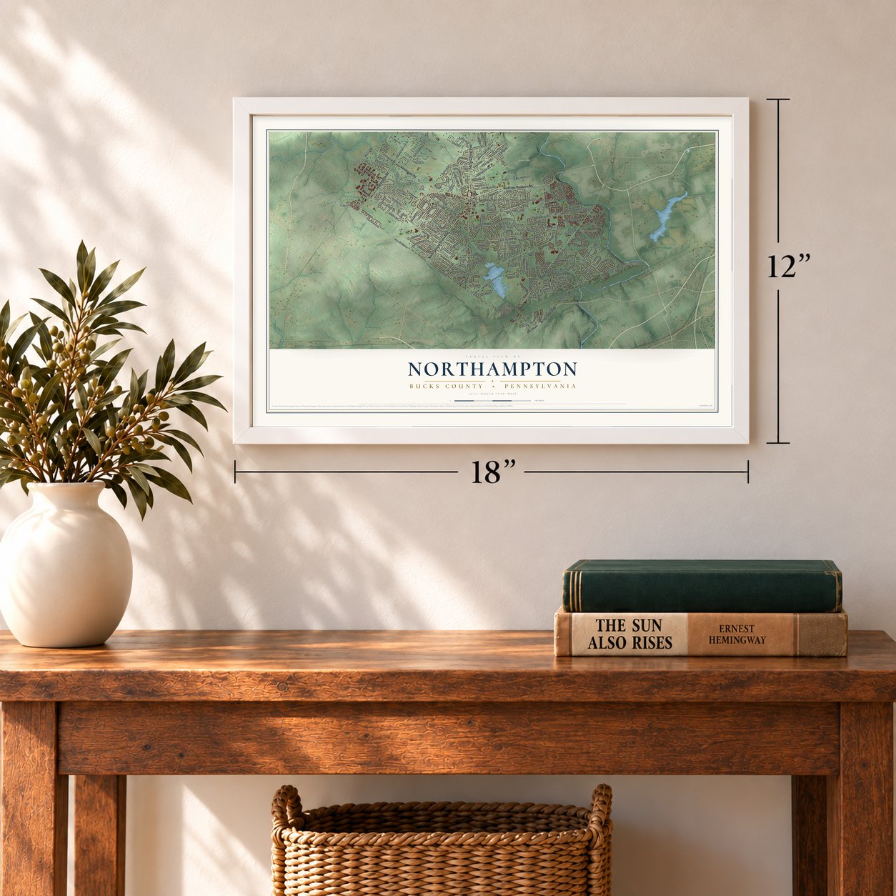 Northampton, Bucks County, Pennsylvania map, 12 x 18 inch print in a white frame in an entryway