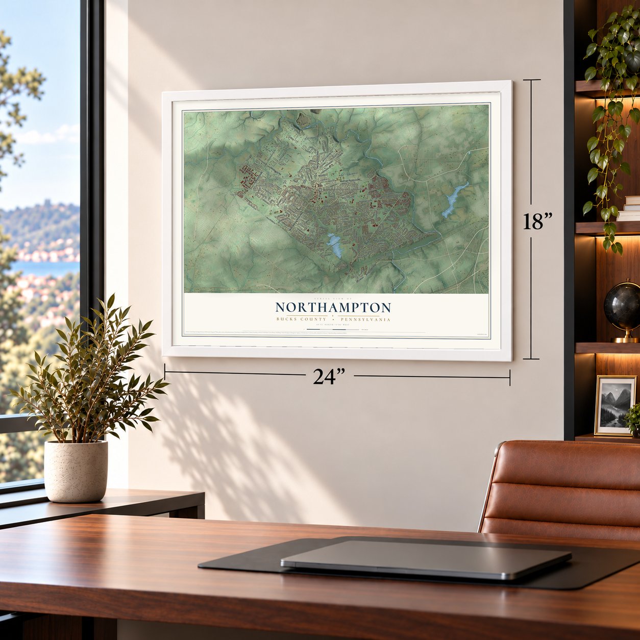 Northampton, Bucks County, Pennsylvania map, 18 x 24 inch print in a white frame in a home office
