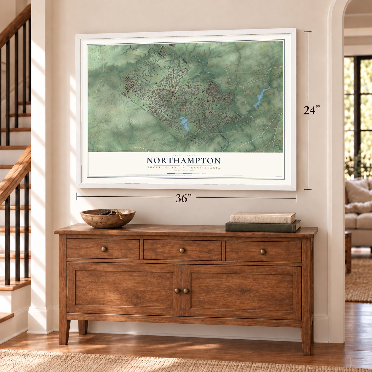 Northampton, Bucks County, Pennsylvania map, 24 x 36 inch print in a white frame above a dresser by a staircase