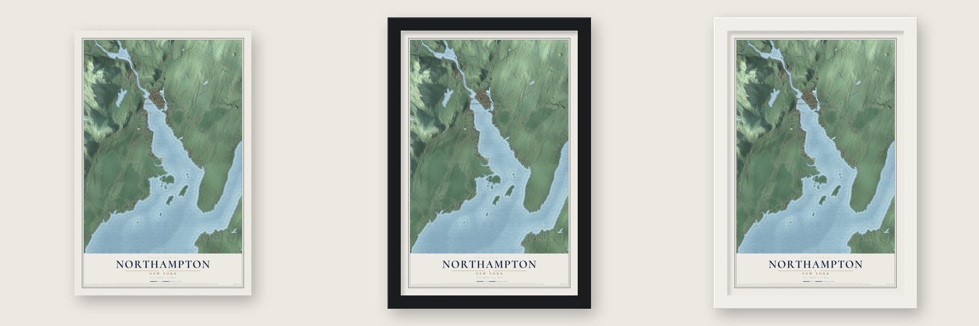 Northampton, New York map unframed, in a black wood frame and in a white wood frame