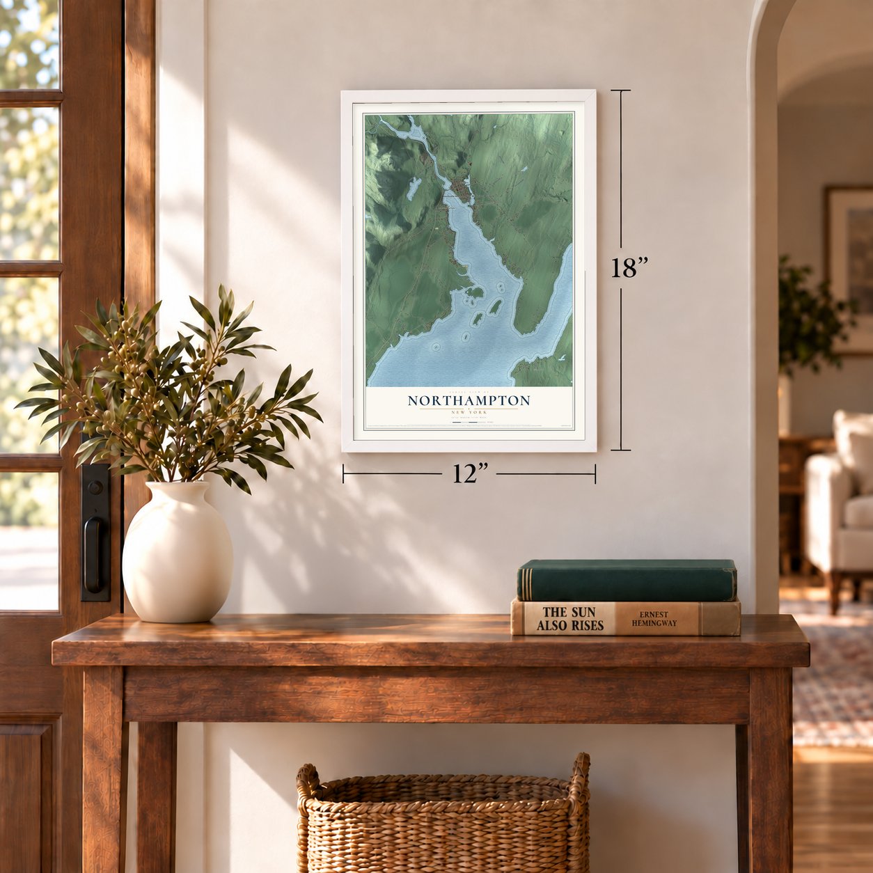 Northampton, New York map, 12 x 18 inch print in a white frame in an entryway