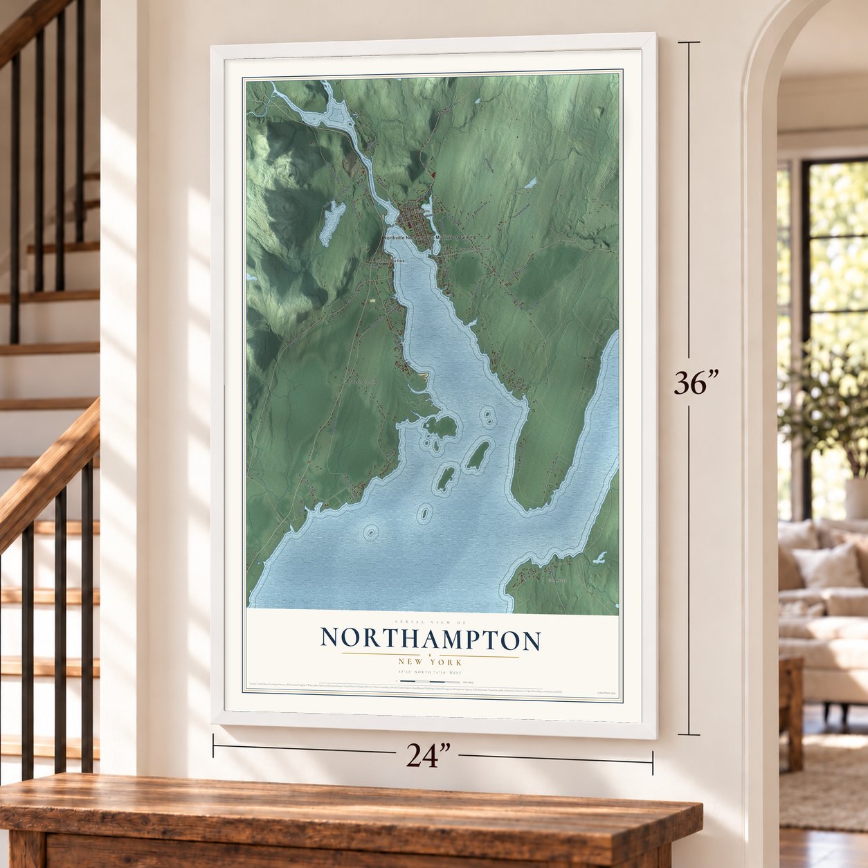 Northampton, New York map, 24 x 36 inch print in a white frame by a staircase