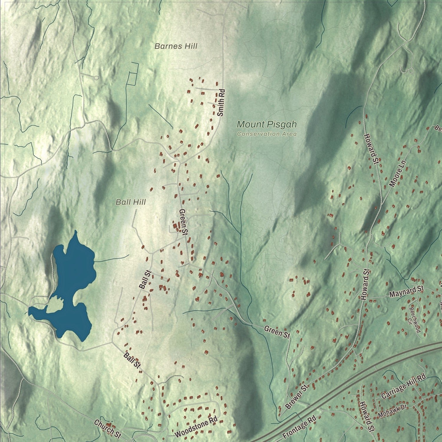 Close-up of the map of Northborough, Massachusetts print showing terrain and local geography