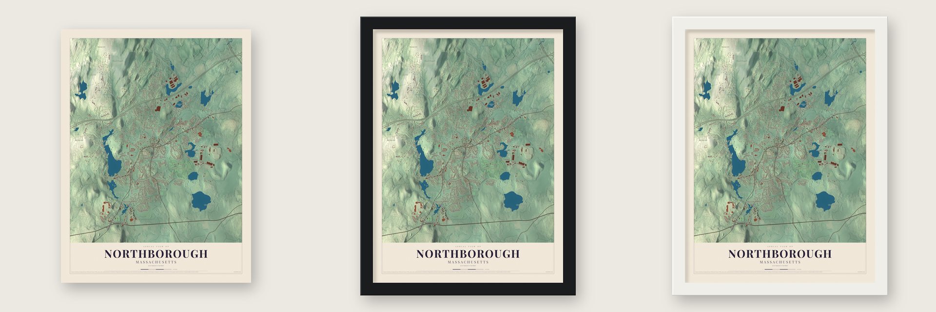 Northborough, Massachusetts map unframed, in a black wood frame and in a white wood frame