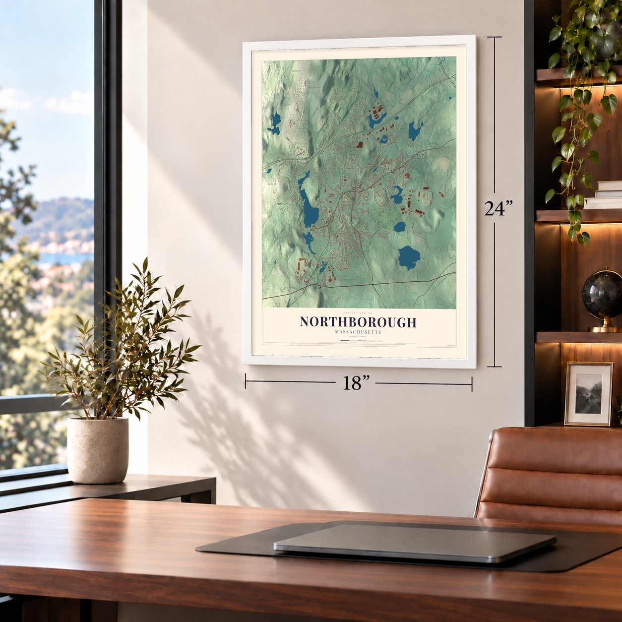 Northborough, Massachusetts map, 18 x 24 inch print in a white frame in a home office
