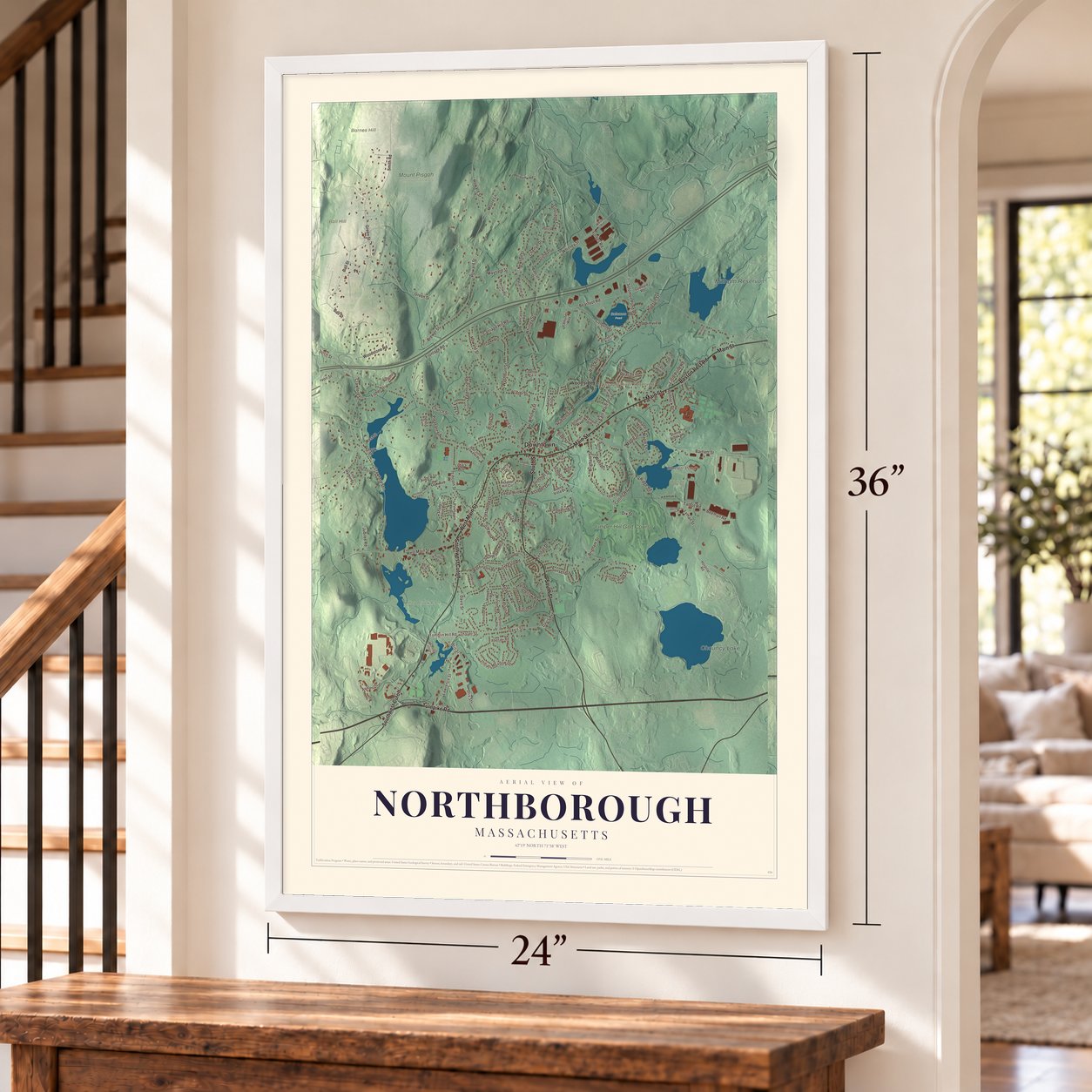 Northborough, Massachusetts map, 24 x 36 inch print in a white frame by a staircase