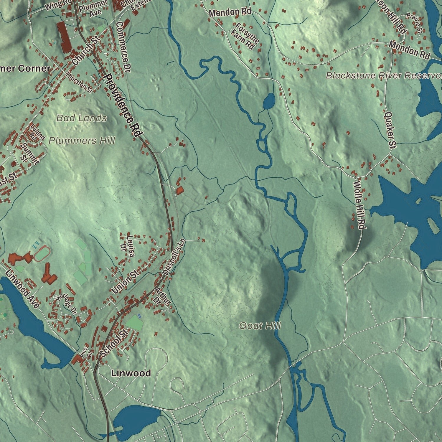 Close-up of the map of Northbridge, Massachusetts print showing terrain and local geography