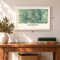 Northbridge, Massachusetts map, 12 x 18 inch print in a white frame in an entryway