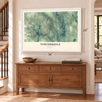 Northbridge, Massachusetts map, 24 x 36 inch print in a white frame above a dresser by a staircase