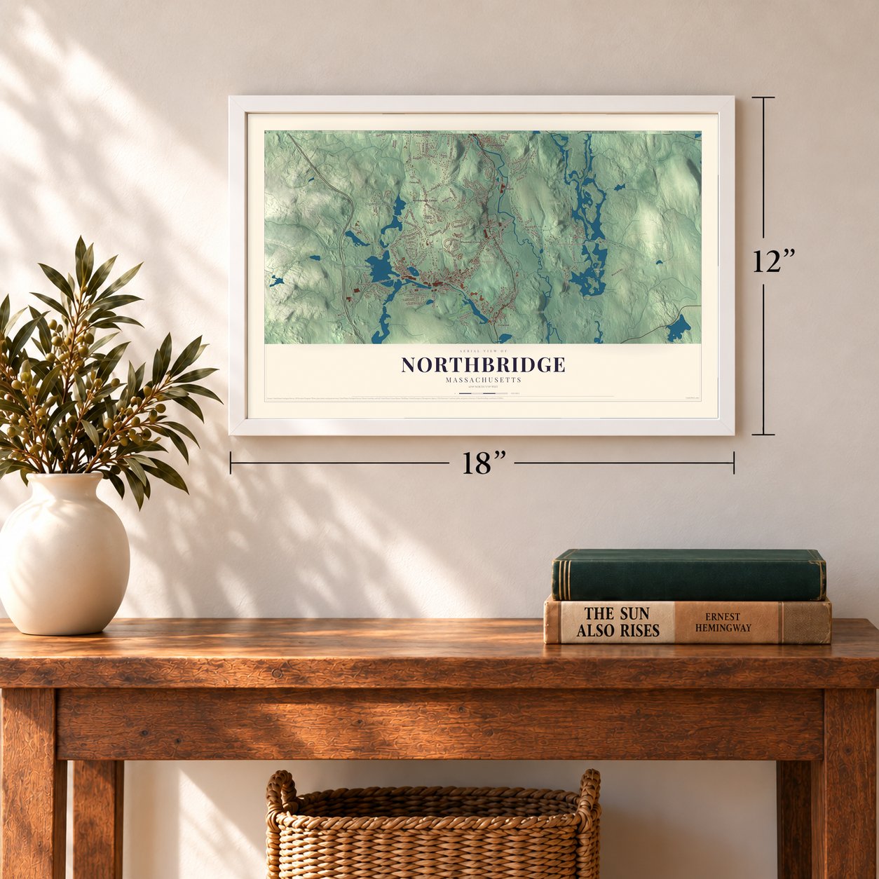 Northbridge, Massachusetts map, 12 x 18 inch print in a white frame in an entryway