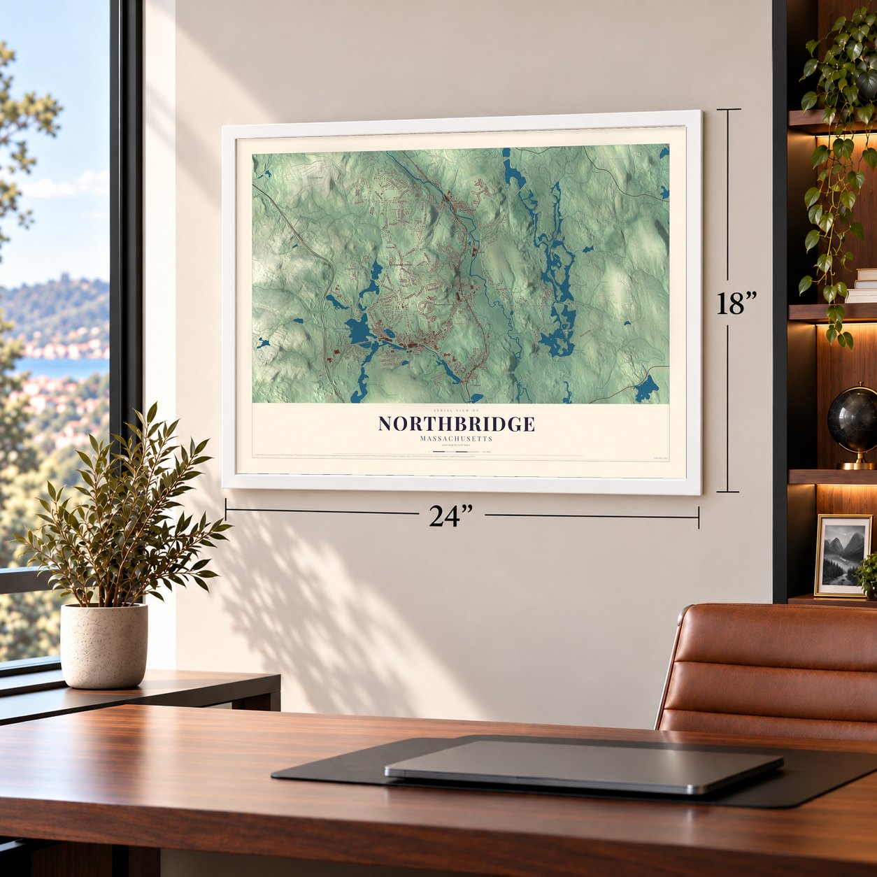 Northbridge, Massachusetts map, 18 x 24 inch print in a white frame in a home office